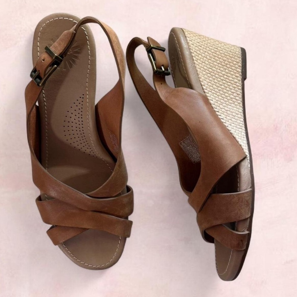 UGG Tan Leather Wedge Sandals